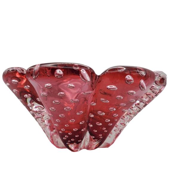 Small Murano Cranberry Art Glass Bowl Controlled Bubble Handle Dish Vintage Red - Picture 7 of 15
